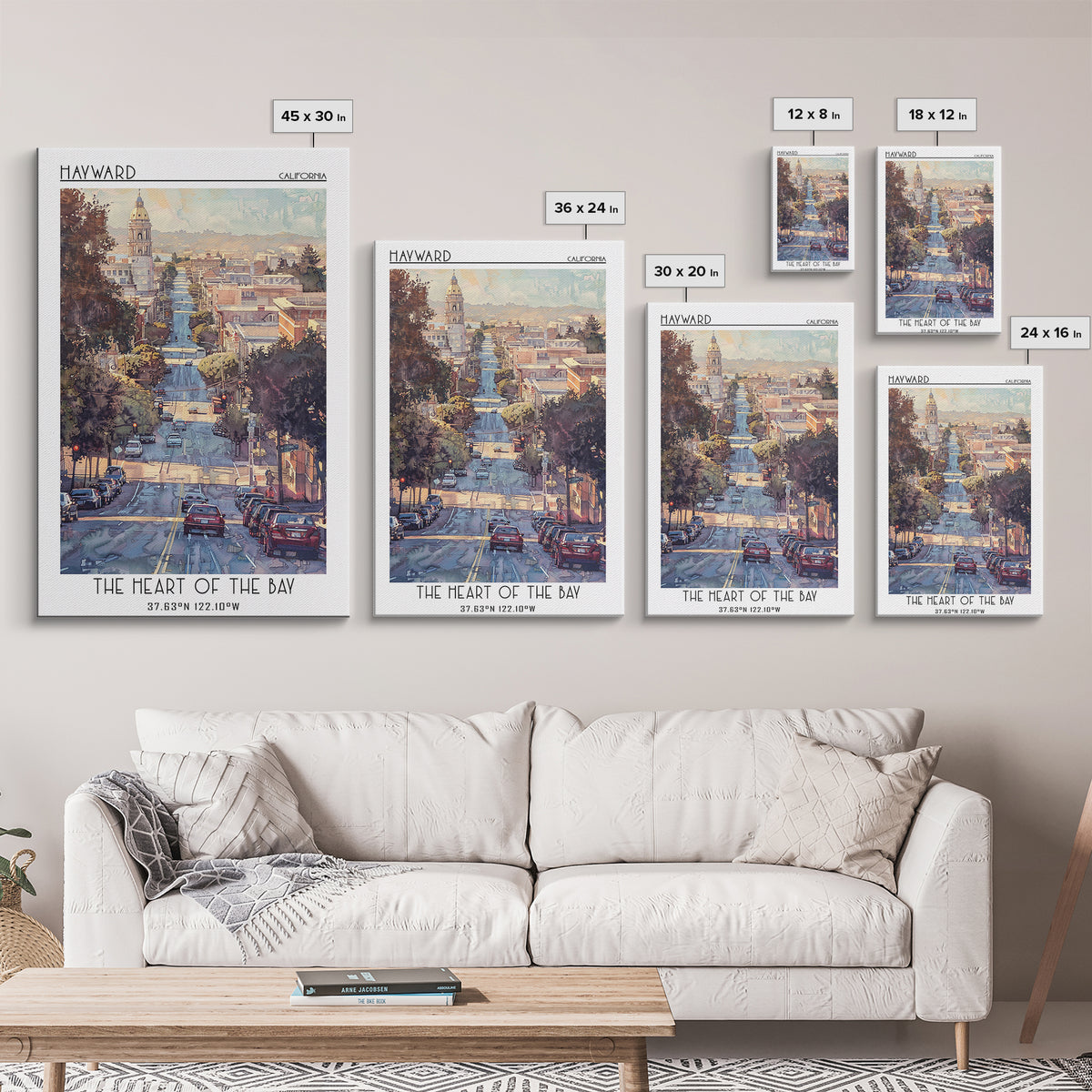 Hayward Travel Poster, Framed Canvas Print, City Travel Poster, Travel Wall Art, Retro Wall Art, Watercolor Cityscape, City Wall Art
