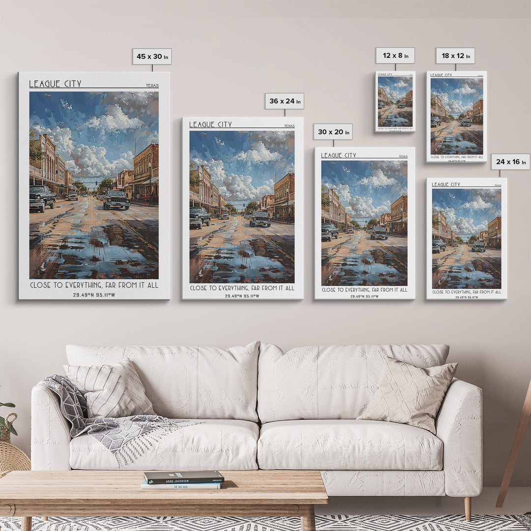 League City Travel Poster, Framed Canvas Print, Travel Art Print, Modern Wall Decor, Home Decor, Mid Century Wall Art, Landscape Art