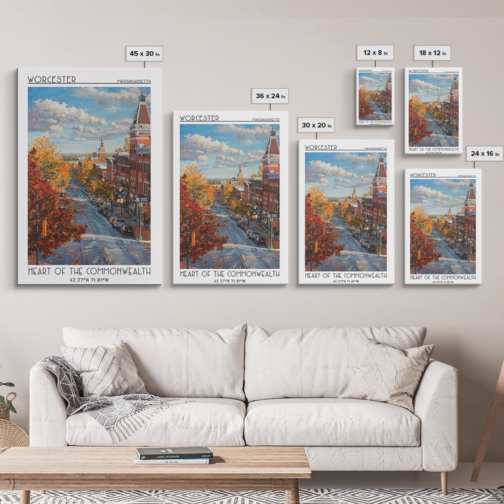 Worcester Travel Poster, Canvas Print, City Art Print, Travel Wall Art, Mid Century Wall Art, Gallery Wall Set, Living Room Wall Art
