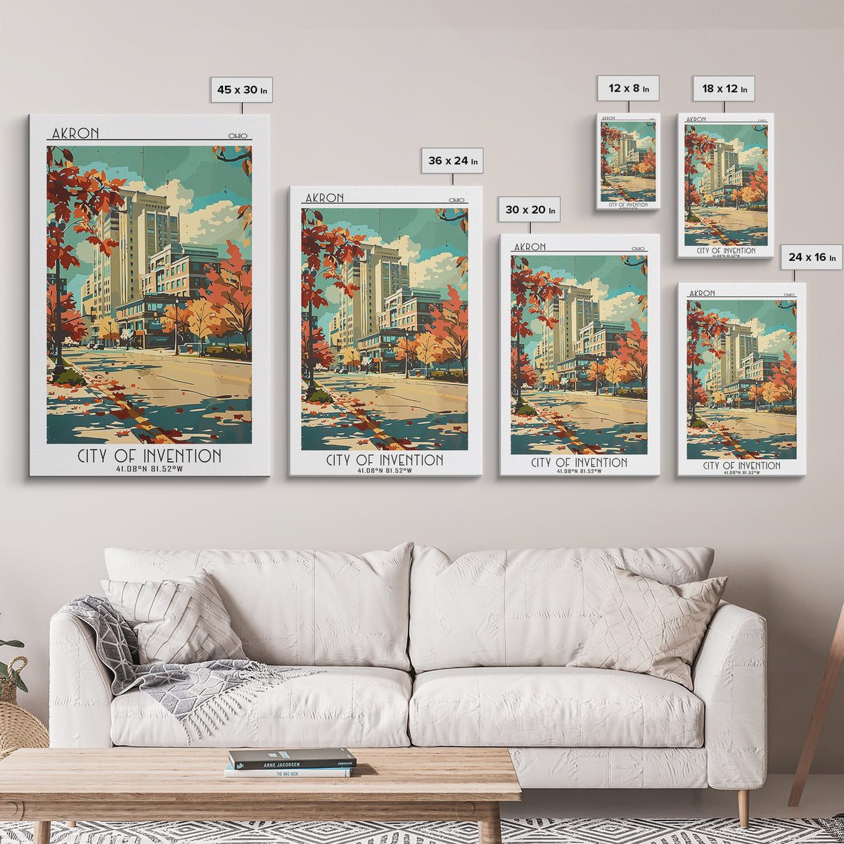 Akron Travel Poster, Framed Canvas Print, Travel Wall Decor, Minimalist Poster, Living Room Wall Art, Travel Posters, Fine Art Print