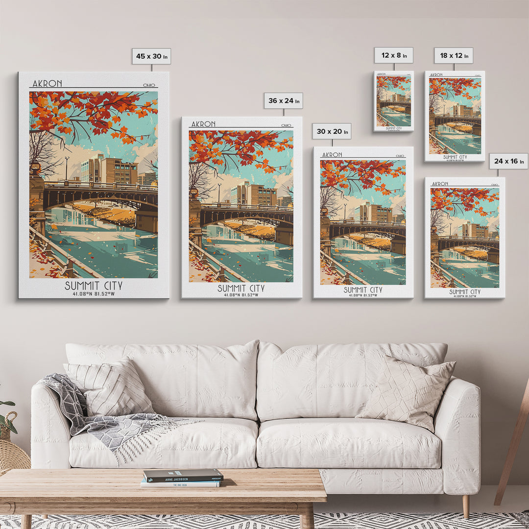 Akron Ohio Travel Poster, Framed Canvas Print, Retro Wall Art, Travel Print, Vintage Travel Print, Vintage City Poster, Poster Print