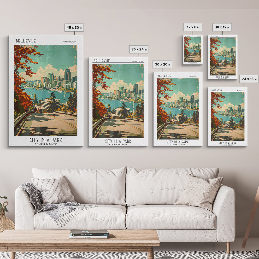 Bellevue Travel Poster, Framed Canvas Print, Retro Wall Art, Travel Print, City Travel Poster, Colorful Wall Art, Retro Travel Print