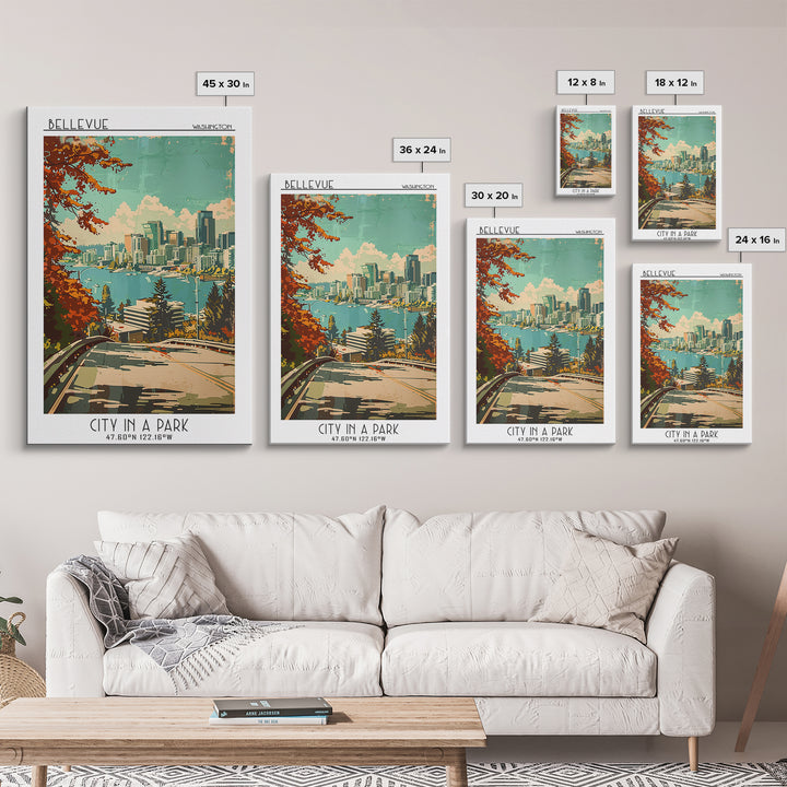 Bellevue Travel Poster, Framed Canvas Print, Retro Wall Art, Travel Print, City Travel Poster, Colorful Wall Art, Retro Travel Print