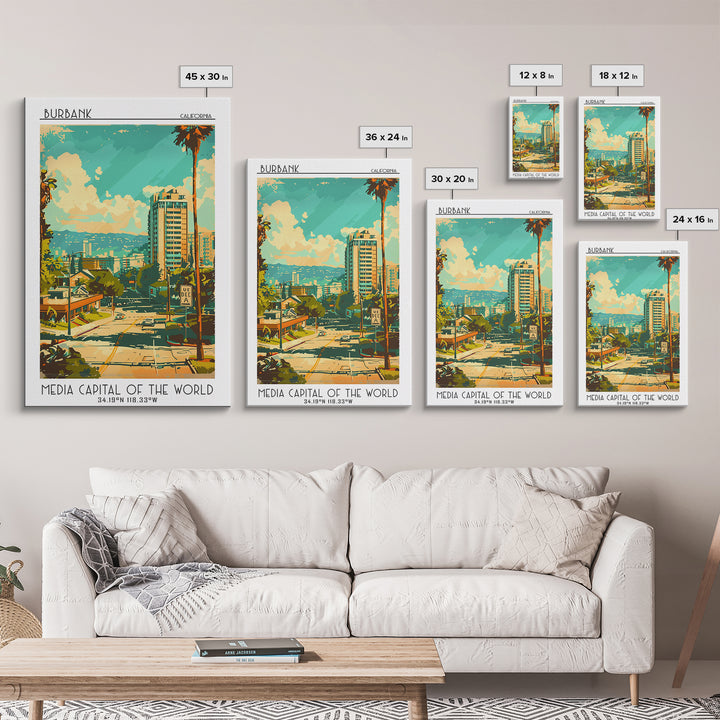 Burbank California Travel Poster, Canvas Print, City Travel Poster, Vintage City Poster, City Illustration, Art Print, City Wall Art