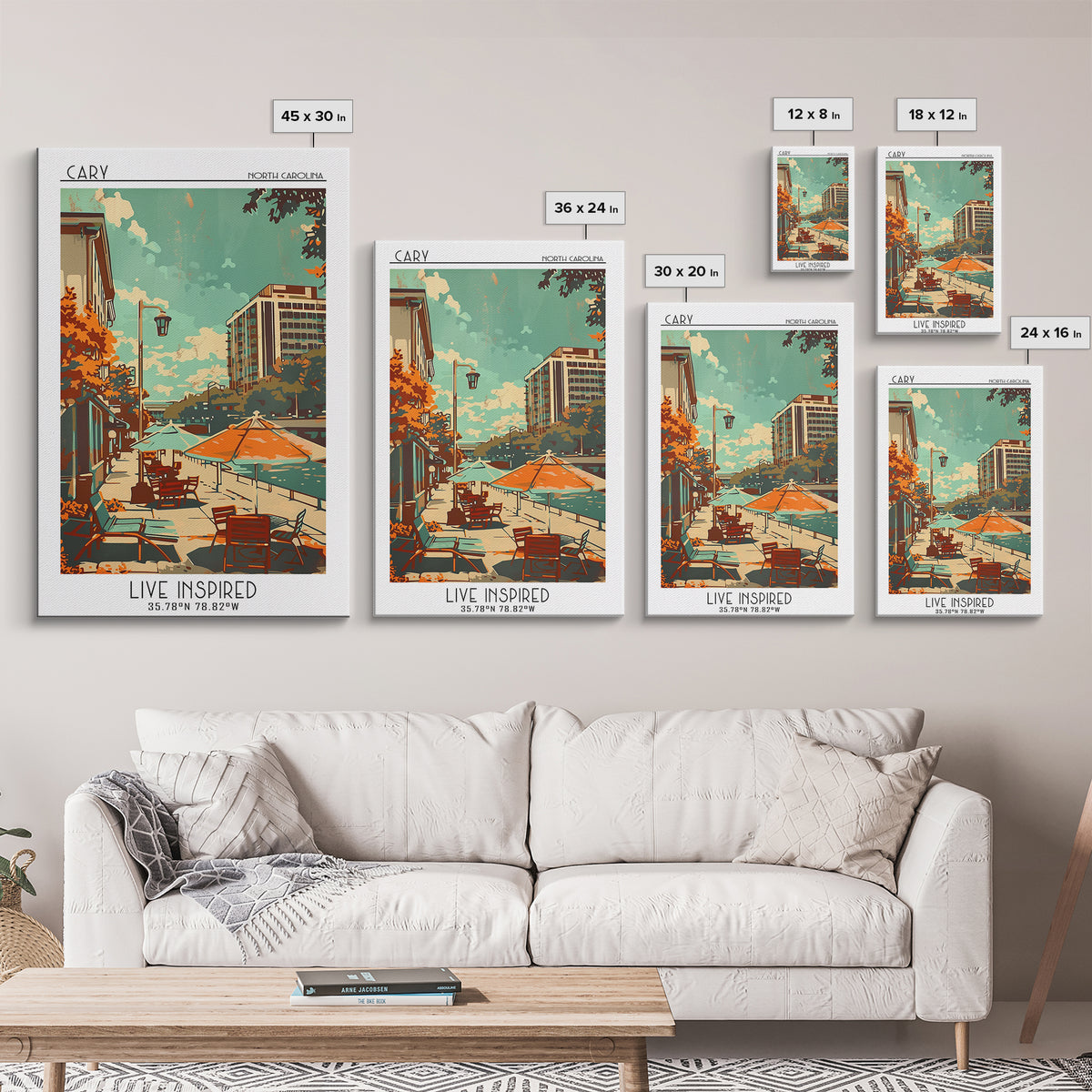 Cary North Carolina Travel Poster, Framed Canvas Print, Retro Wall Art, Travel Print, Art Print, Home Office Decor, Travel Art Print