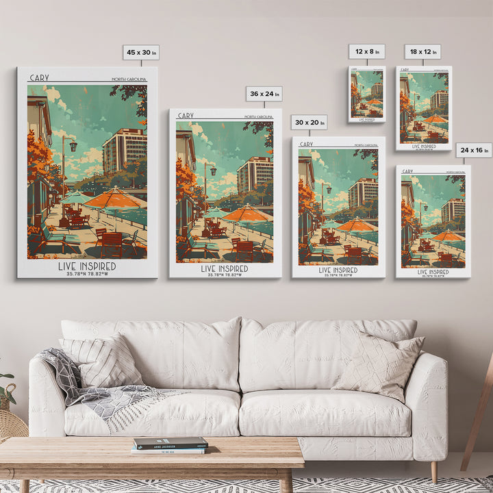 Cary North Carolina Travel Poster, Framed Canvas Print, Retro Wall Art, Travel Print, Art Print, Home Office Decor, Travel Art Print