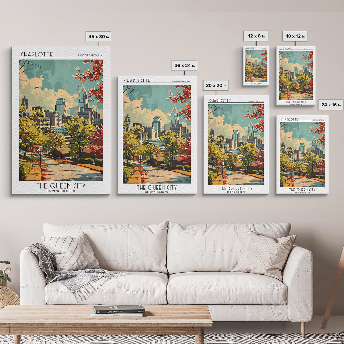 Charlotte North Carolina Travel Poster, Framed Canvas Print, Retro Wall Art, Travel Print, Fine Art Print, Wall Art, Travel Wall Art