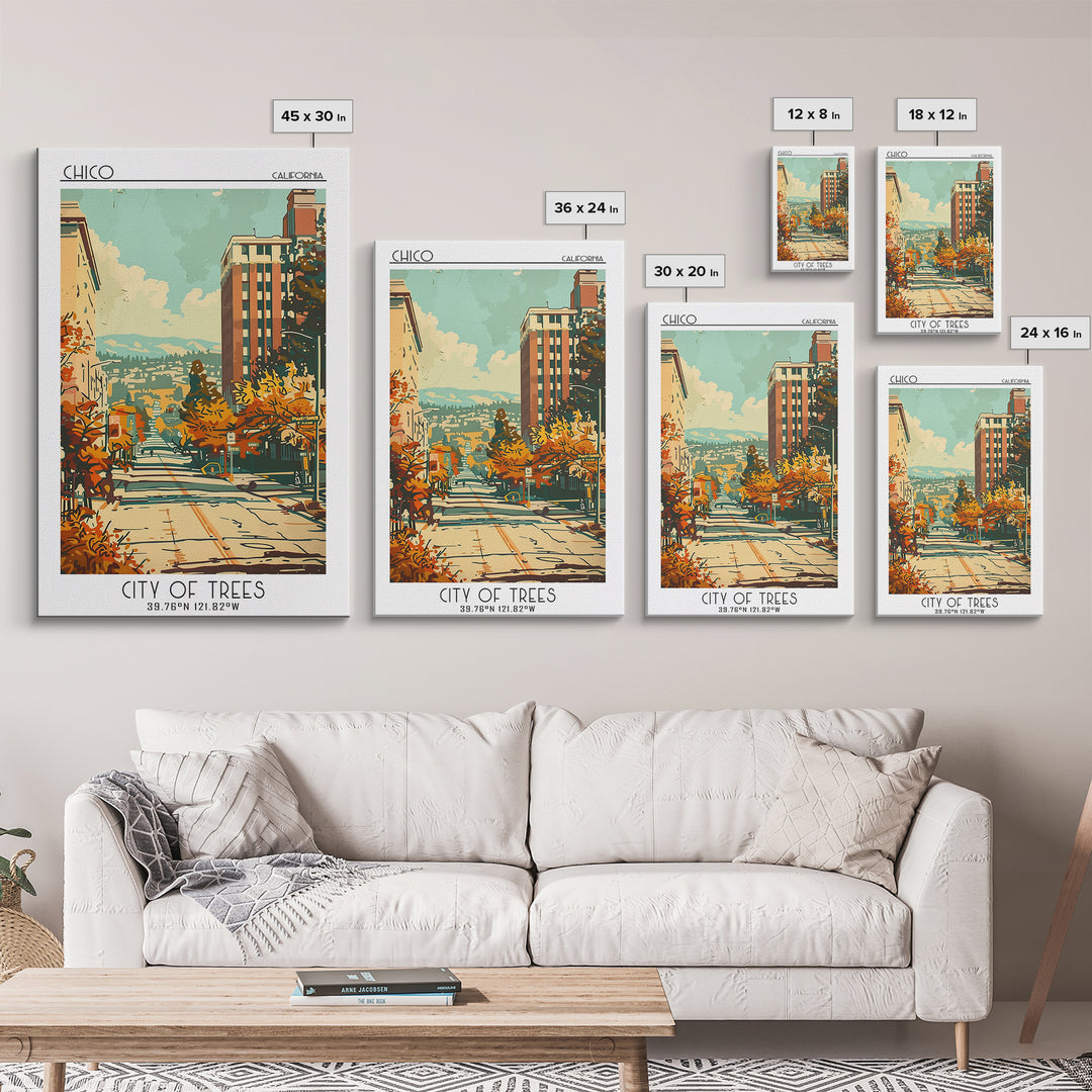 Chico California Travel Poster, Framed Canvas Print, Travel Art Print, Modern Wall Decor, Poster Art, Retro Wall Art, Travel Posters