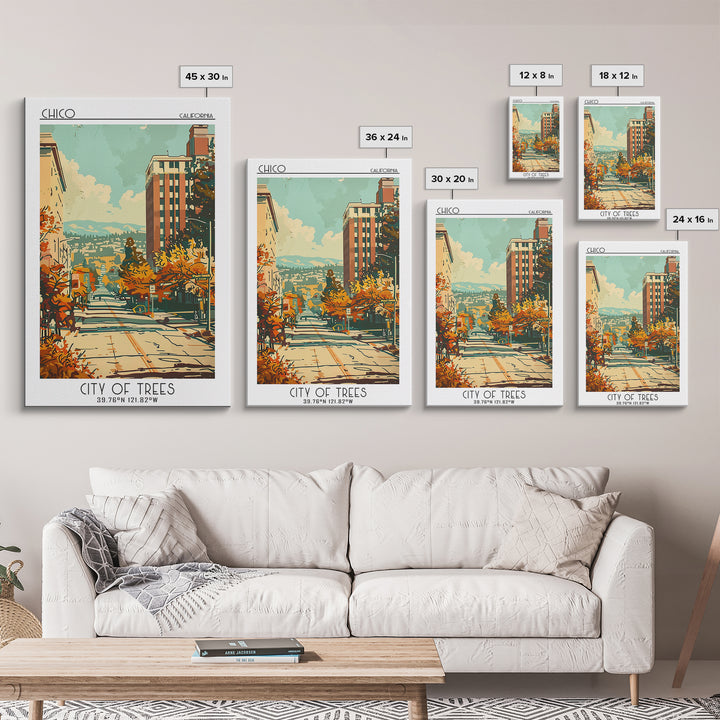 Chico California Travel Poster, Framed Canvas Print, Travel Art Print, Modern Wall Decor, Poster Art, Retro Wall Art, Travel Posters