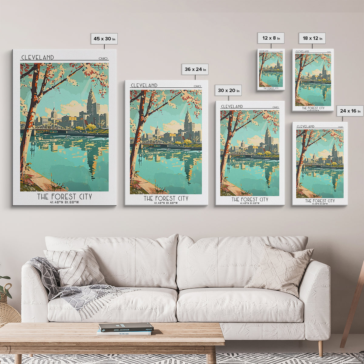 Cleveland Travel Poster, Framed Canvas Print, Travel Wall Decor, Minimalist Poster, Retro Wall Art, Travel Decor, Retro Travel Print