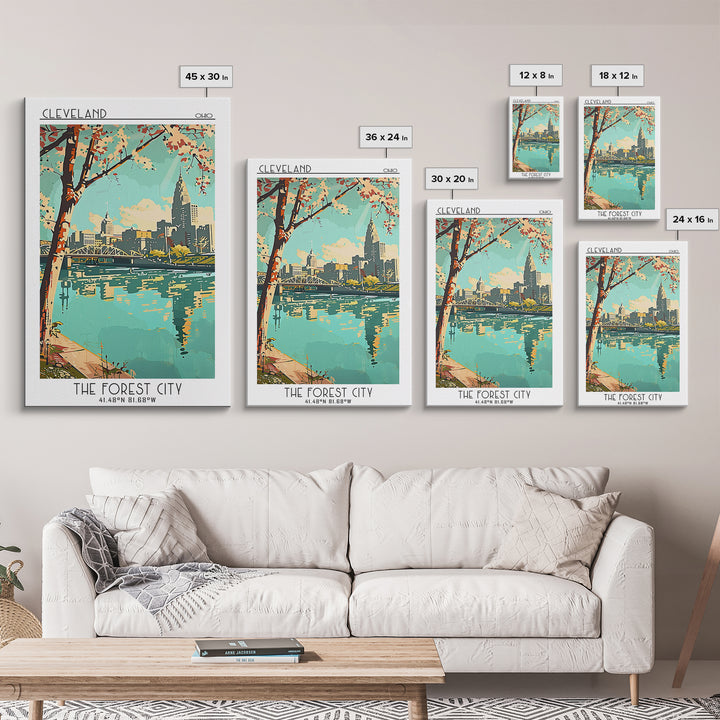 Cleveland Travel Poster, Framed Canvas Print, Travel Wall Decor, Minimalist Poster, Retro Wall Art, Travel Decor, Retro Travel Print