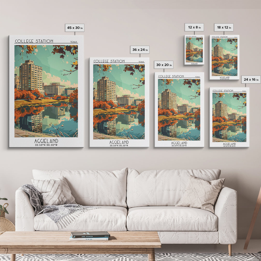 College Station Texas Travel Poster, Framed Canvas Print, Travel Prints, Landscape Art, Poster Art, Wanderlust Gift, Vintage Posters