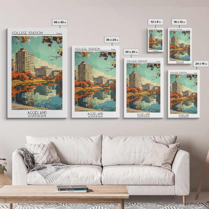 College Station Texas Travel Poster, Framed Canvas Print, Travel Prints, Landscape Art, Poster Art, Wanderlust Gift, Vintage Posters
