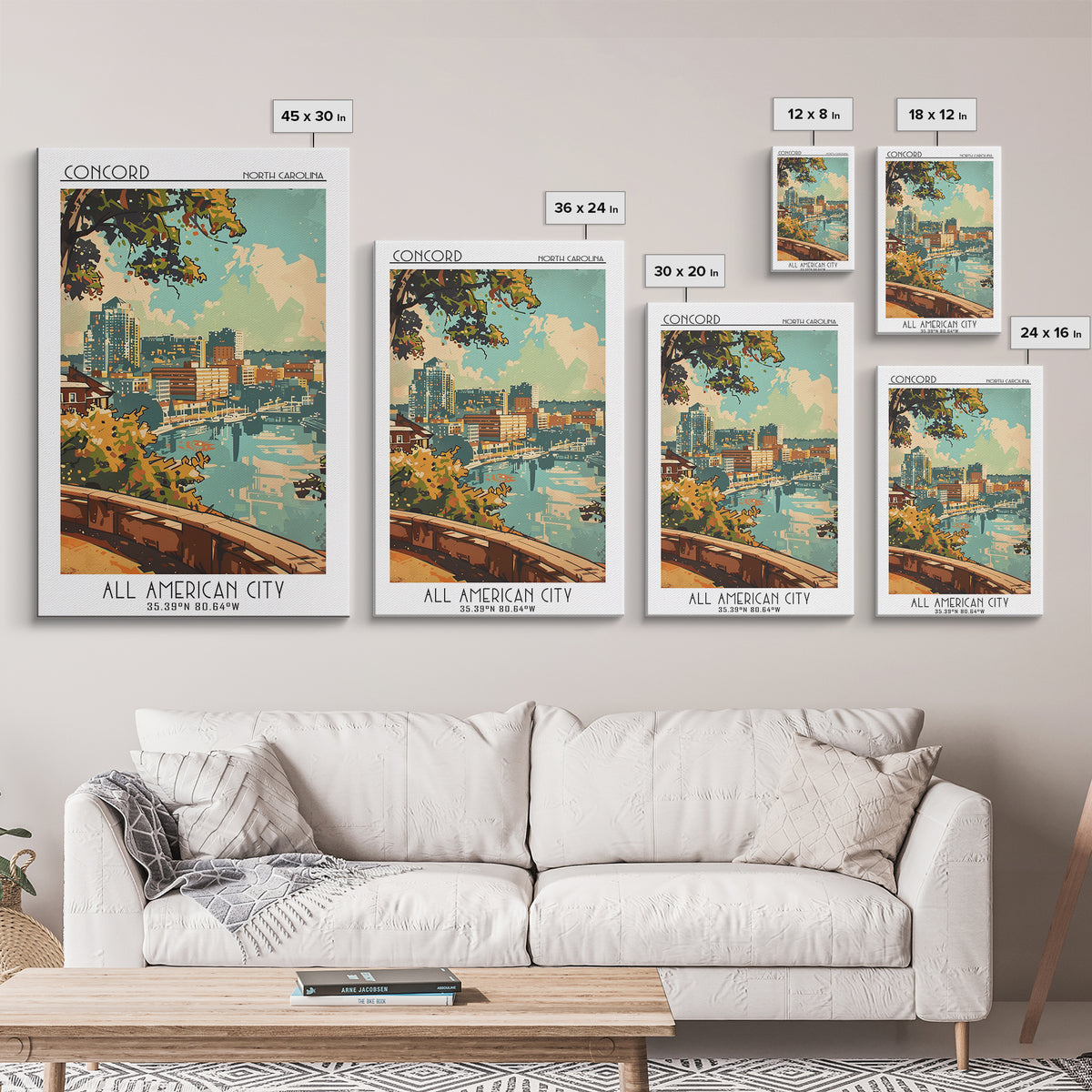 Concord North Carolina Travel Poster, Framed Canvas Print, City Travel Poster, Travel Wall Art, Travel Wall Decor, City Illustration