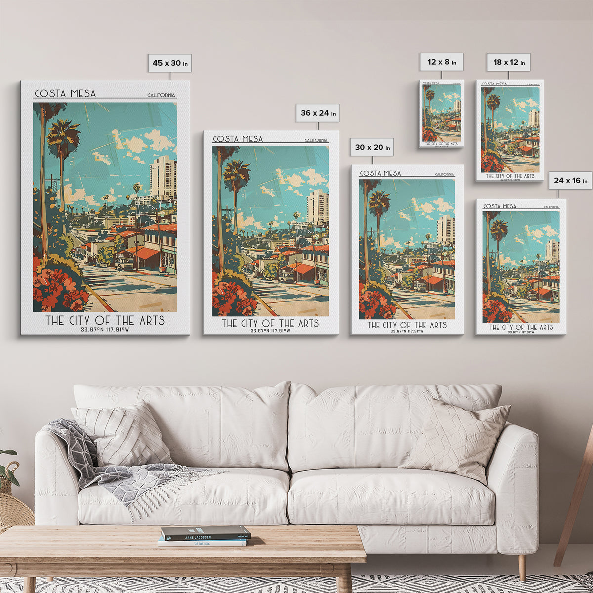 Costa Mesa California Travel Poster, Framed Canvas Print, Travel Prints, Landscape Art, Retro Wall Art, Art Print, City Illustration