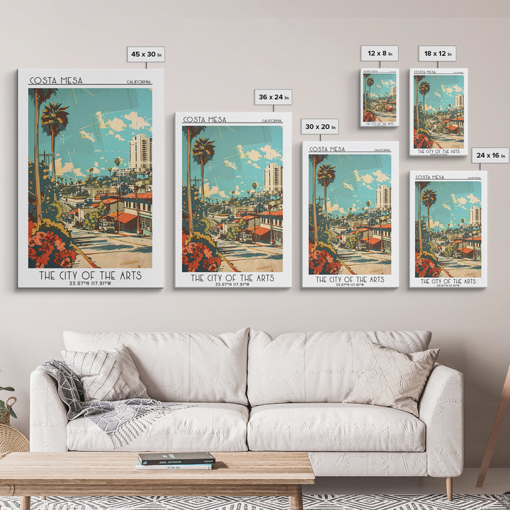 Costa Mesa California Travel Poster, Framed Canvas Print, Travel Prints, Landscape Art, Retro Wall Art, Art Print, City Illustration
