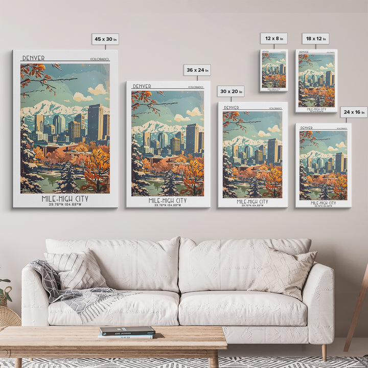 Denver Travel Poster, Framed Canvas Print, City Art Print, Travel Wall Art, Gallery Wall Set, City Illustration, Vintage City Poster