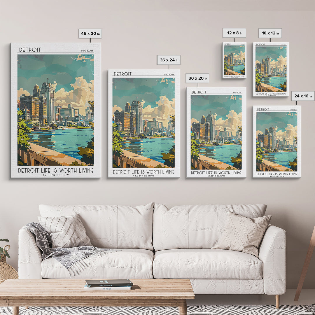 Detroit Michigan Travel Poster, Framed Canvas Print, Retro Travel Poster, City Wall Art, Travel Wall Art, Poster Print, Travel Decor