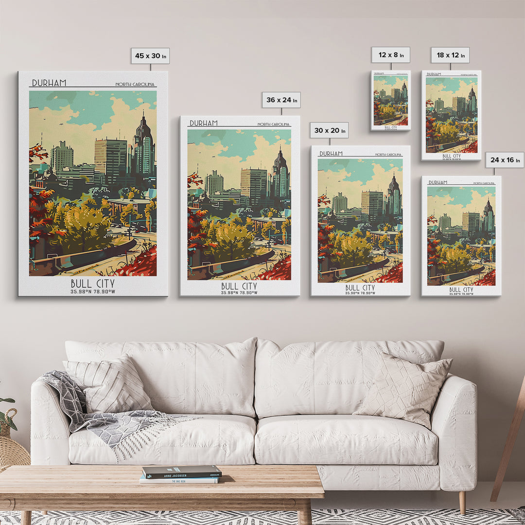 Durham Travel Poster, Framed Canvas Print, Travel Wall Art, City Wall Art, Watercolor Cityscape, Modern Wall Decor, Gallery Wall Set