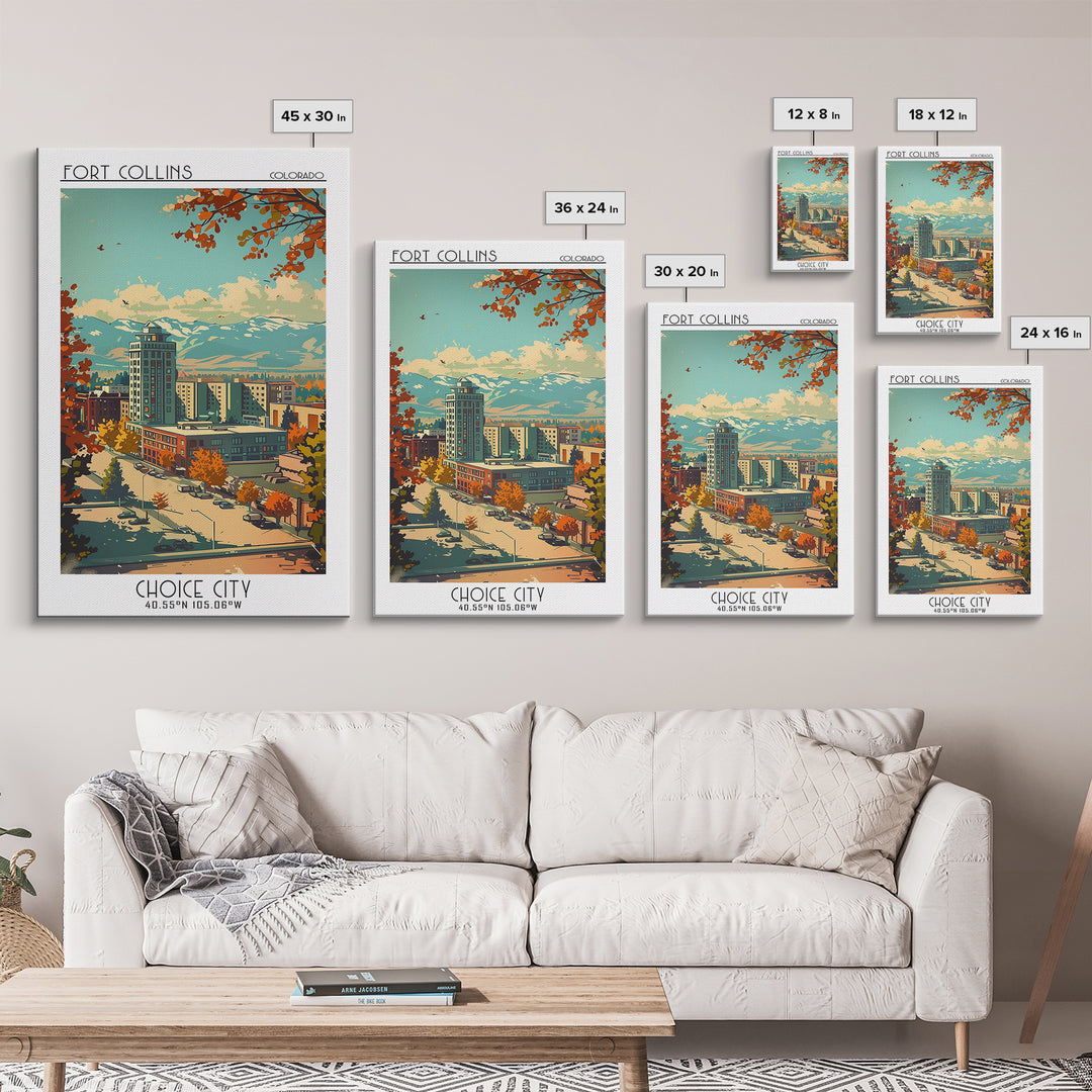 Fort Collins Travel Poster, Framed Canvas Print, Vintage Travel Print, City Wall Art, Vintage Posters, Travel Prints, City Art Print