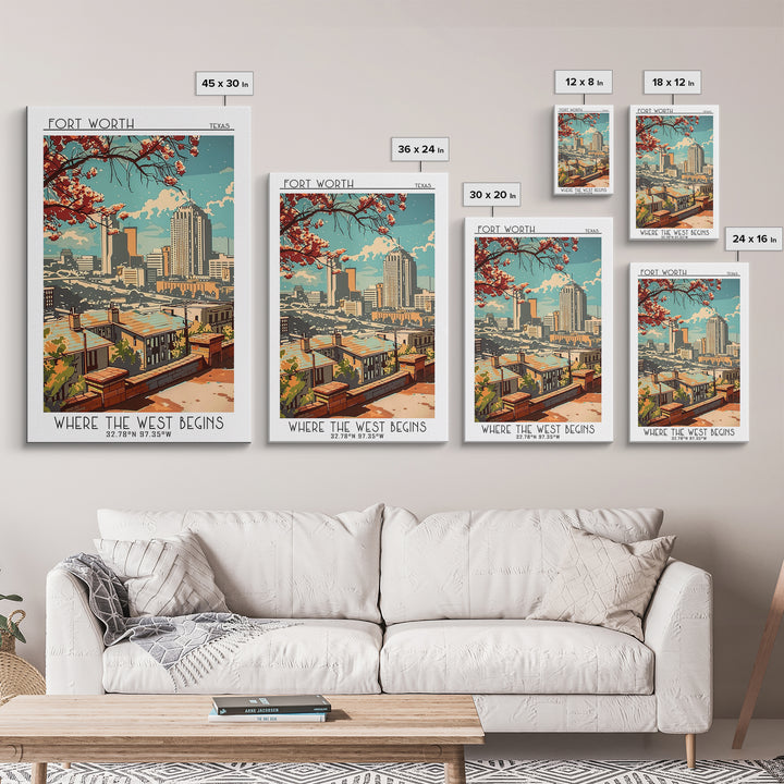 Fort Worth Texas Travel Poster, Framed Canvas Print, Travel Prints, Landscape Art, Modern Wall Decor, Travel Decor, Gallery Wall Set
