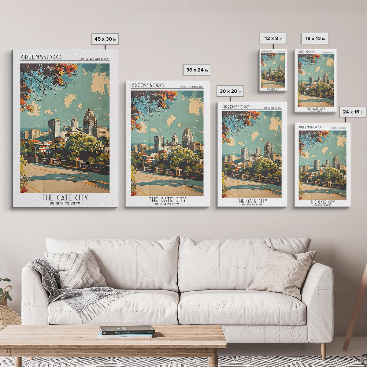 Greensboro Travel Poster, Framed Canvas Print, Retro Wall Art, Travel Print, Living Room Wall Art, Minimalist Poster, Fine Art Print