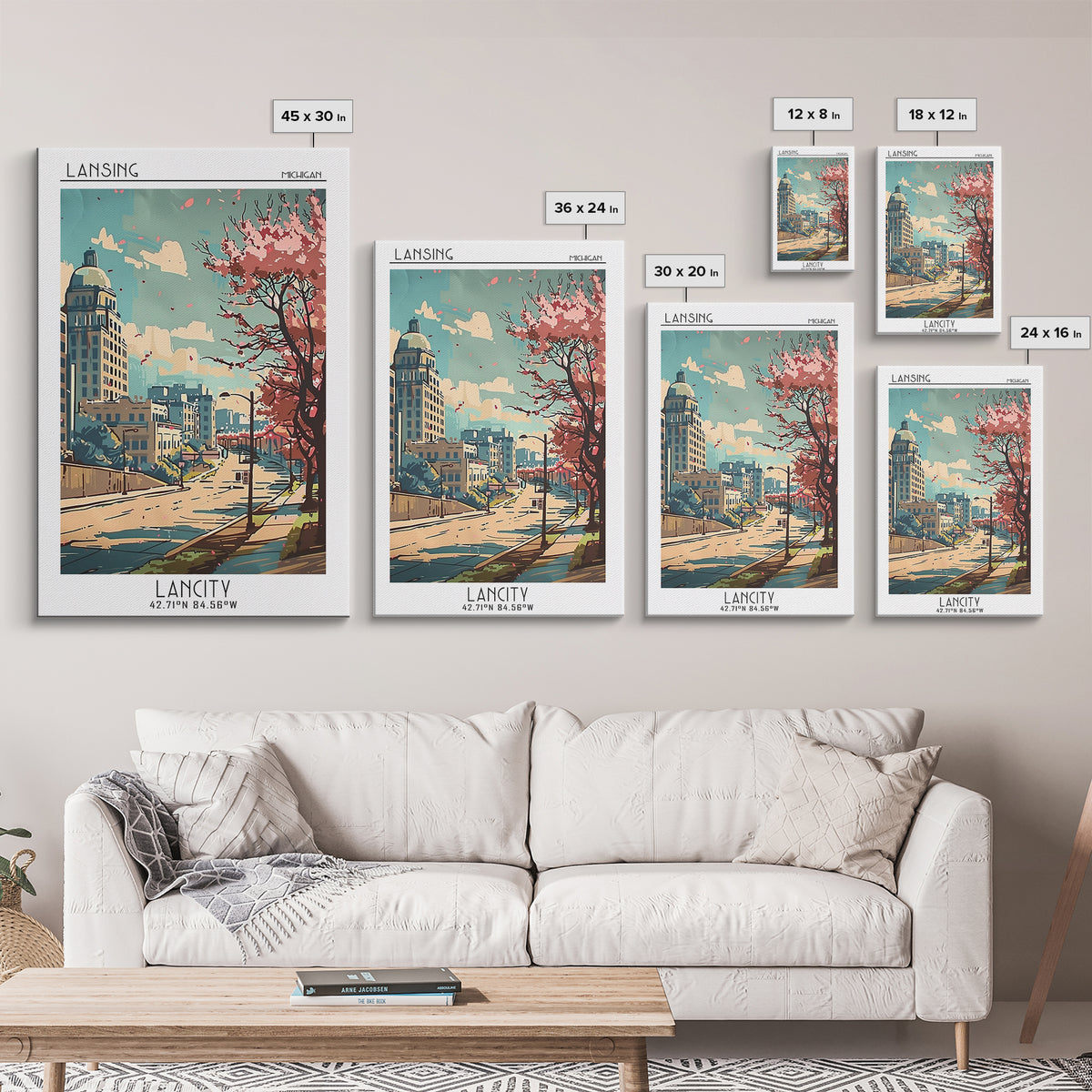 Lansing Michigan Travel Poster, Canvas Print, Travel Wall Decor, Minimalist Poster, Travel Art Print, Poster Art, Retro Travel Print
