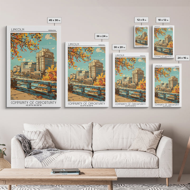 Lincoln Nebraska Travel Poster, Canvas Print, Travel Prints, Landscape Art, Living Room Wall Art, Travel Print, Mid Century Wall Art