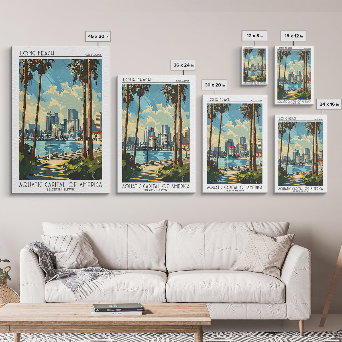 Long Beach Travel Poster, Framed Canvas Print, Travel Wall Art, City Wall Art, Vintage Travel, Living Room Wall Art, Wanderlust Gift