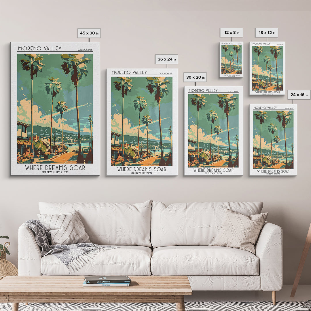 Moreno Valley California Travel Poster, Framed Canvas Print, Travel Wall Art, City Wall Art, Living Room Wall Art, City Illustration