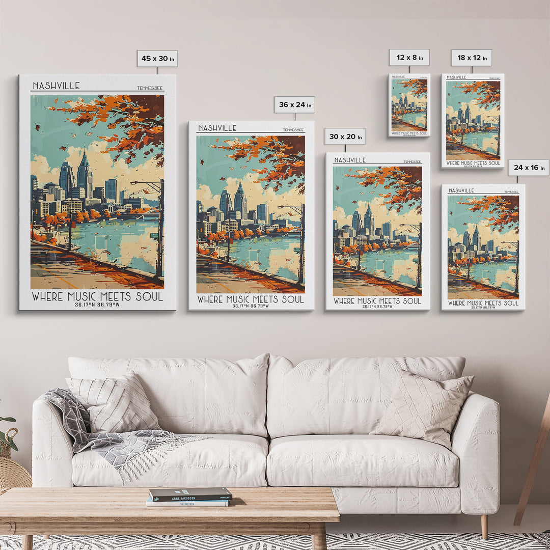 Nashville Tennessee Travel Poster, Framed Canvas Print, Travel Prints, Landscape Art, Poster Print, Mid Century Wall Art, Poster Art