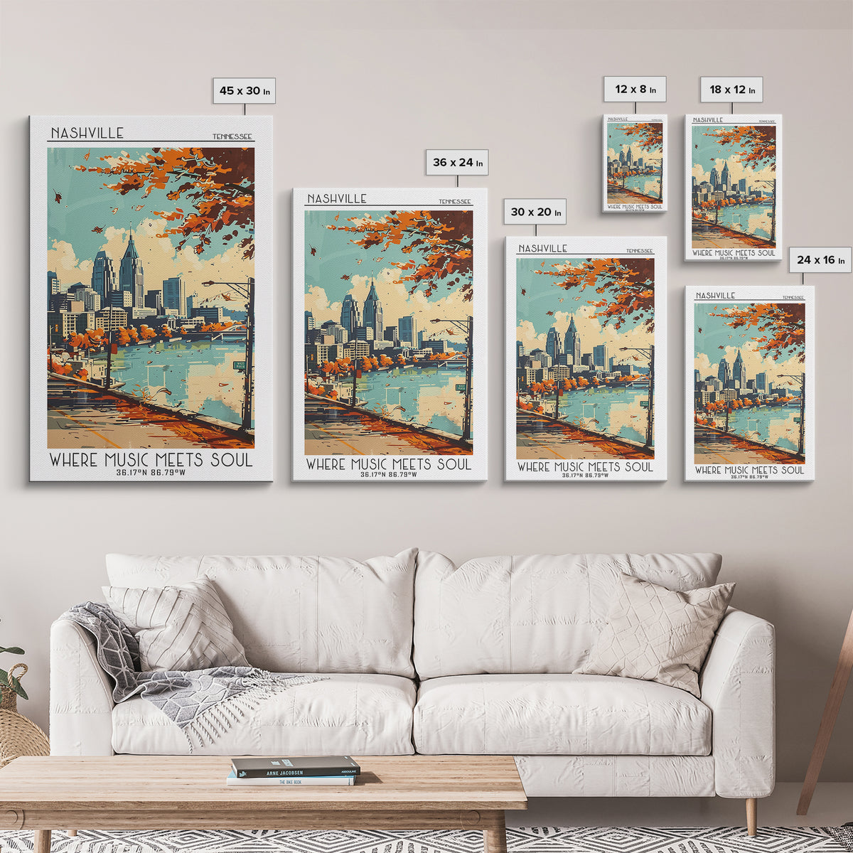 Nashville Tennessee Travel Poster, Framed Canvas Print, Travel Prints, Landscape Art, Poster Print, Mid Century Wall Art, Poster Art
