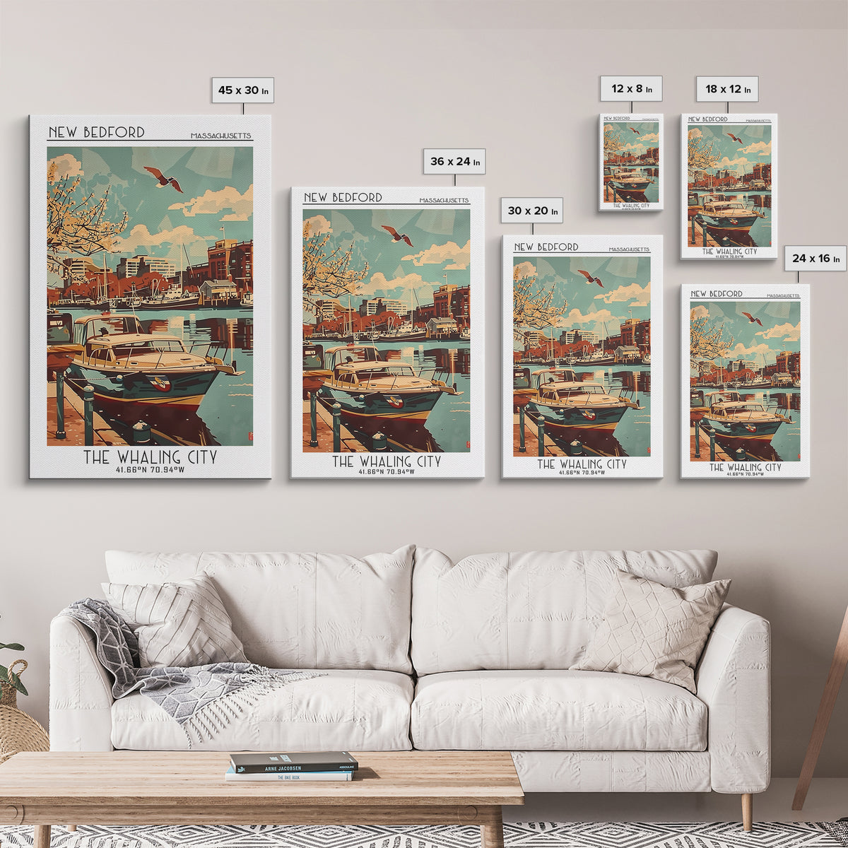 New Bedford Massachusetts Travel Poster, Framed Canvas Print, Retro Travel Poster, City Wall Art, Wanderlust Gift, Home Office Decor