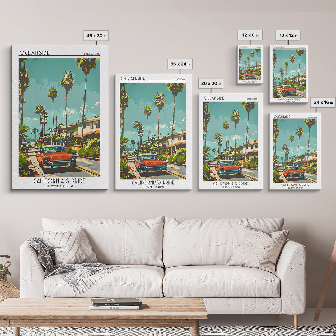 Oceanside Travel Poster, Framed Canvas Print, Travel Prints, Landscape Art, Wanderlust Gift, Mid Century Wall Art, Minimalist Poster