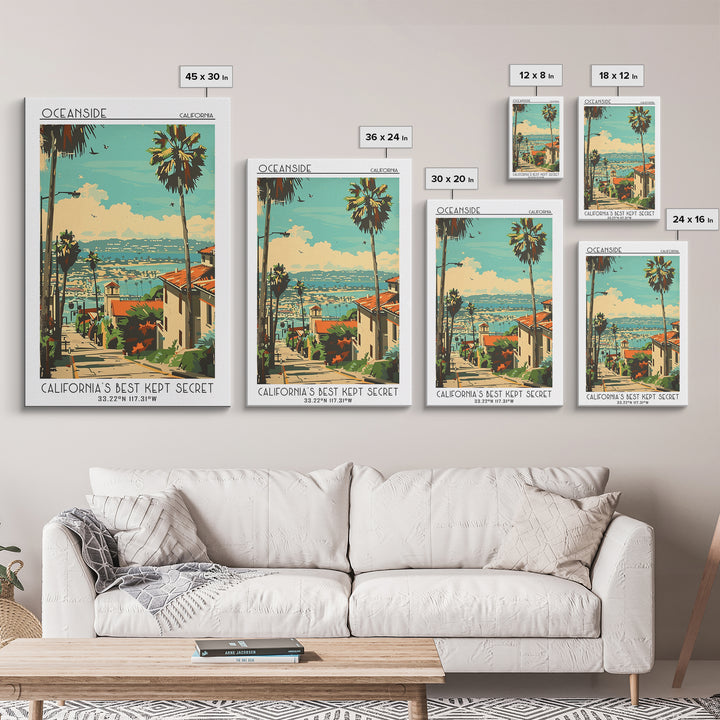 Oceanside California Travel Poster, Framed Canvas Print, Retro Travel Poster, City Wall Art, Home Decor, Landscape Art, Travel Decor