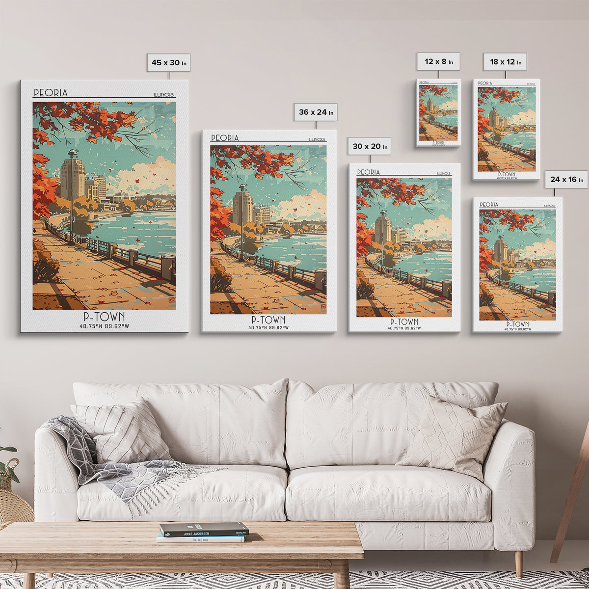Peoria Illinois Travel Poster, Framed Canvas Print, Retro Travel Poster, City Wall Art, Art Print, Minimalist Poster, Travel Posters