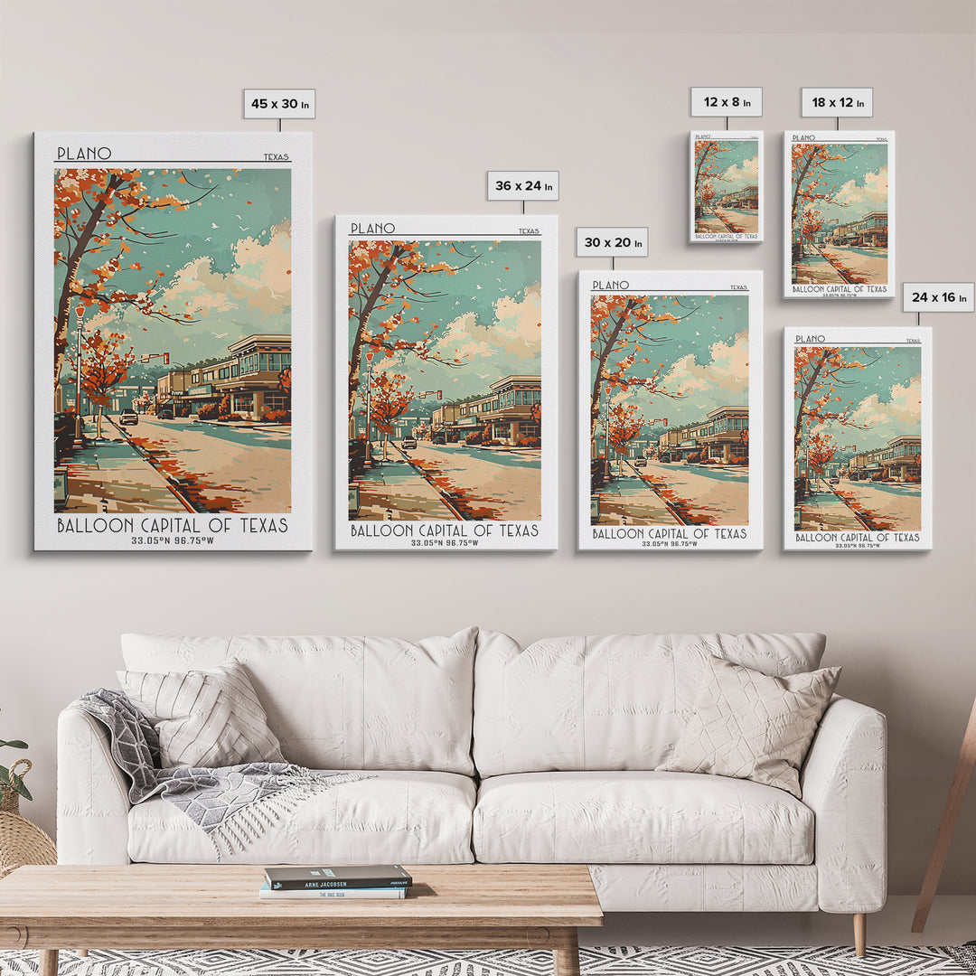 Plano Texas Travel Poster, Framed Canvas Print, Travel Prints, Landscape Art, Retro Travel Poster, Vintage Travel, City Illustration