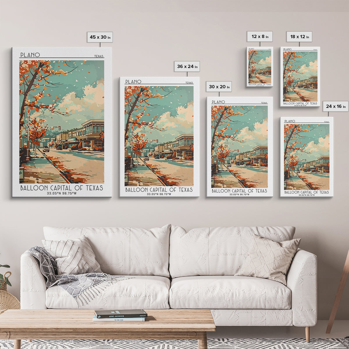 Plano Texas Travel Poster, Framed Canvas Print, Travel Prints, Landscape Art, Retro Travel Poster, Vintage Travel, City Illustration
