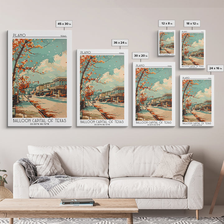 Plano Texas Travel Poster, Framed Canvas Print, Travel Prints, Landscape Art, Retro Travel Poster, Vintage Travel, City Illustration