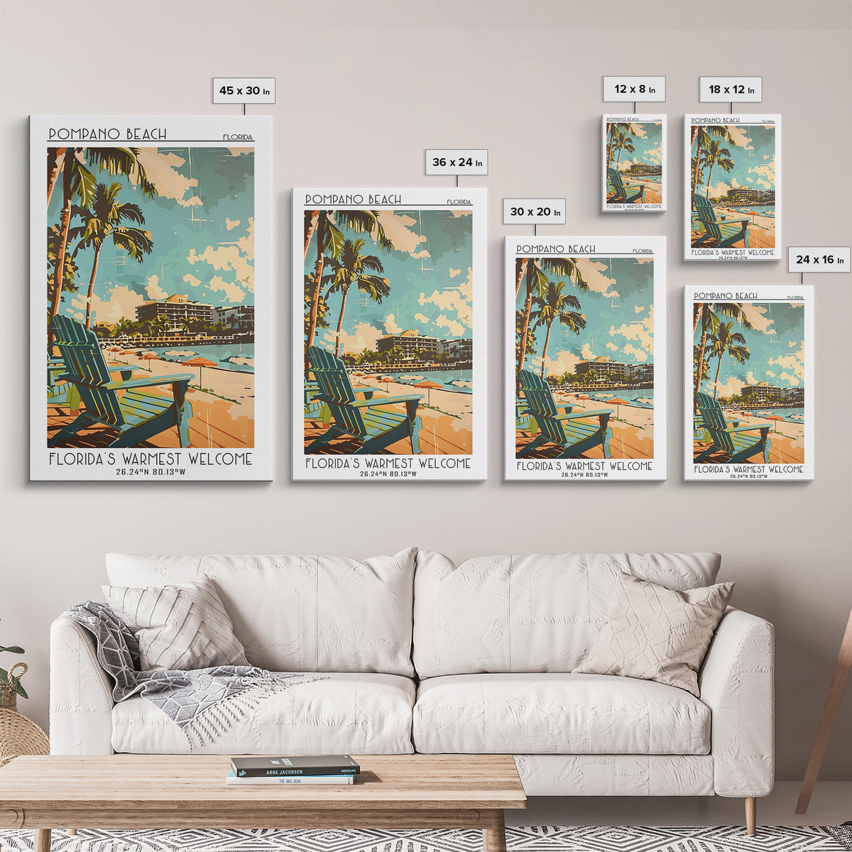 Pompano Beach Travel Poster, Framed Canvas Print, Retro Wall Art, Travel Print, City Illustration, Minimalist Poster, Vintage Travel
