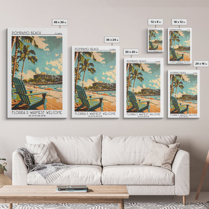 Pompano Beach Travel Poster, Framed Canvas Print, Retro Wall Art, Travel Print, City Illustration, Minimalist Poster, Vintage Travel