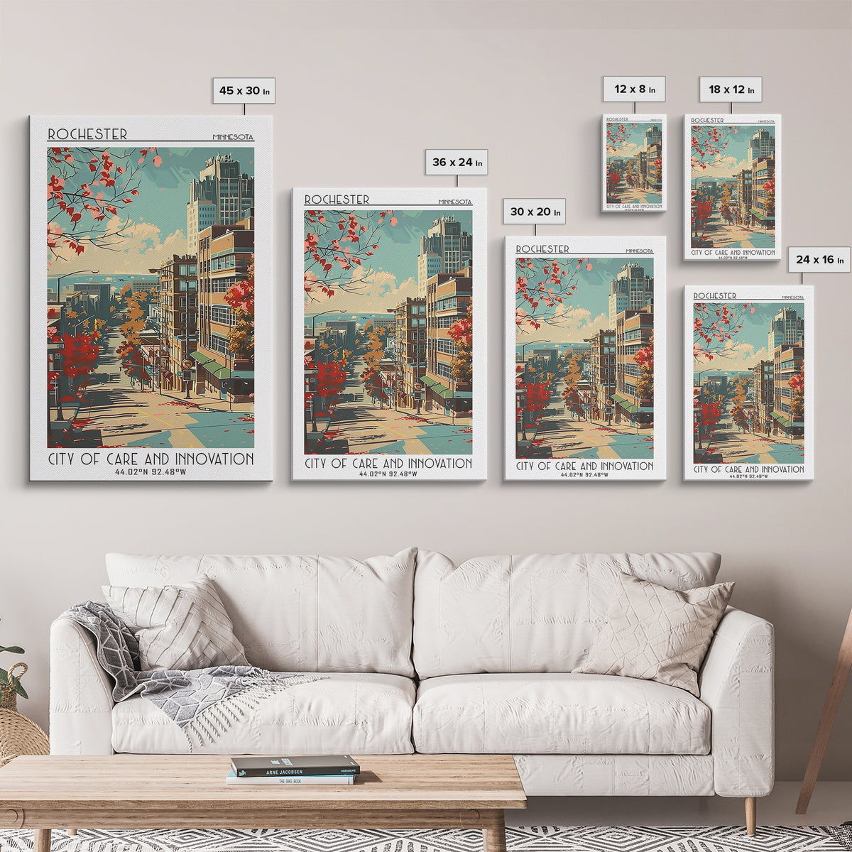 Rochester Minnesota Travel Poster, Framed Canvas Print, Retro Wall Art, Travel Print, Mid Century Wall Art, Fine Art Print, Wall Art