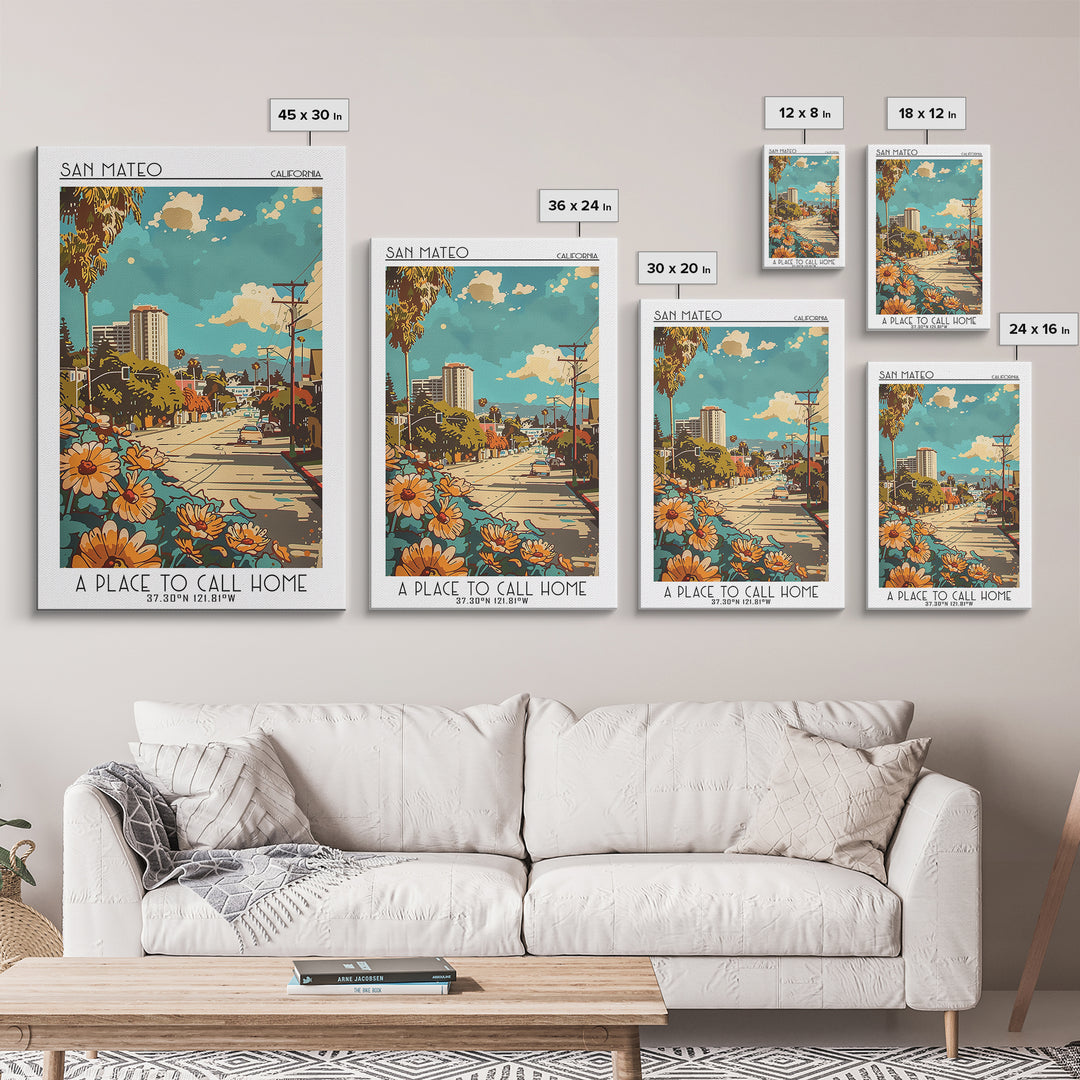 San Mateo Travel Poster, Canvas Print, Retro Travel Poster, City Wall Art, Travel Prints, Travel Decor, Home Office Decor, Art Print