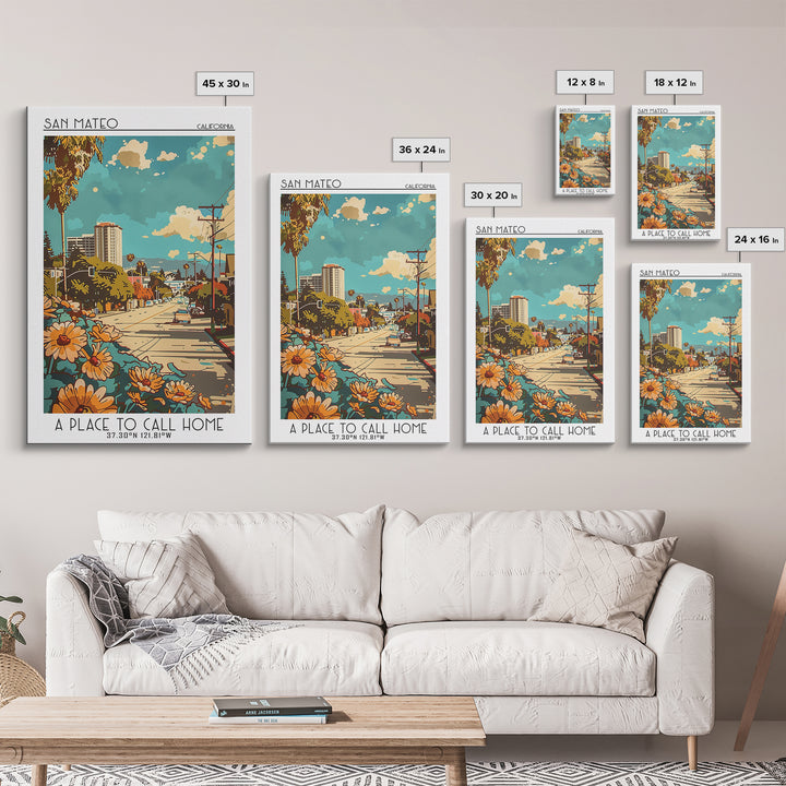 San Mateo Travel Poster, Canvas Print, Retro Travel Poster, City Wall Art, Travel Prints, Travel Decor, Home Office Decor, Art Print