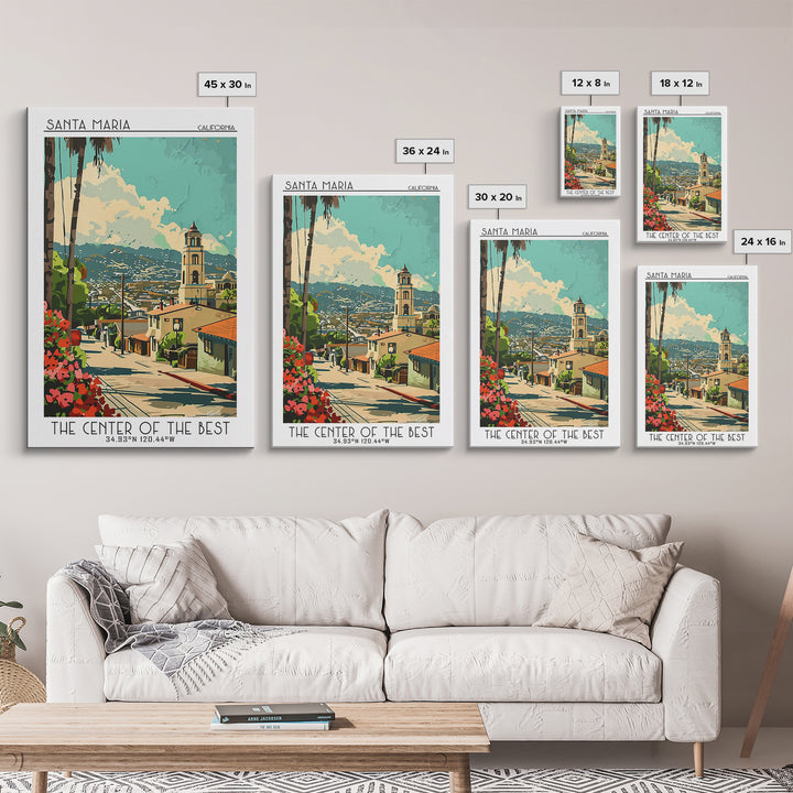Santa Maria California Travel Poster, Canvas Print, Travel Wall Art, City Wall Art, Travel Posters, Watercolor Cityscape, Poster Art
