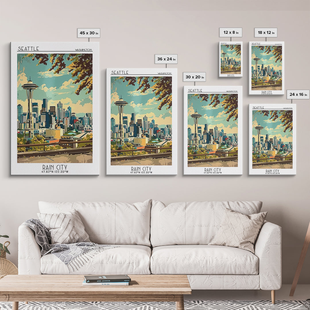 Seattle Washington Travel Poster, Canvas Print, City Travel Poster, Travel Wall Art, Retro Wall Art, Colorful Wall Art, Travel Decor