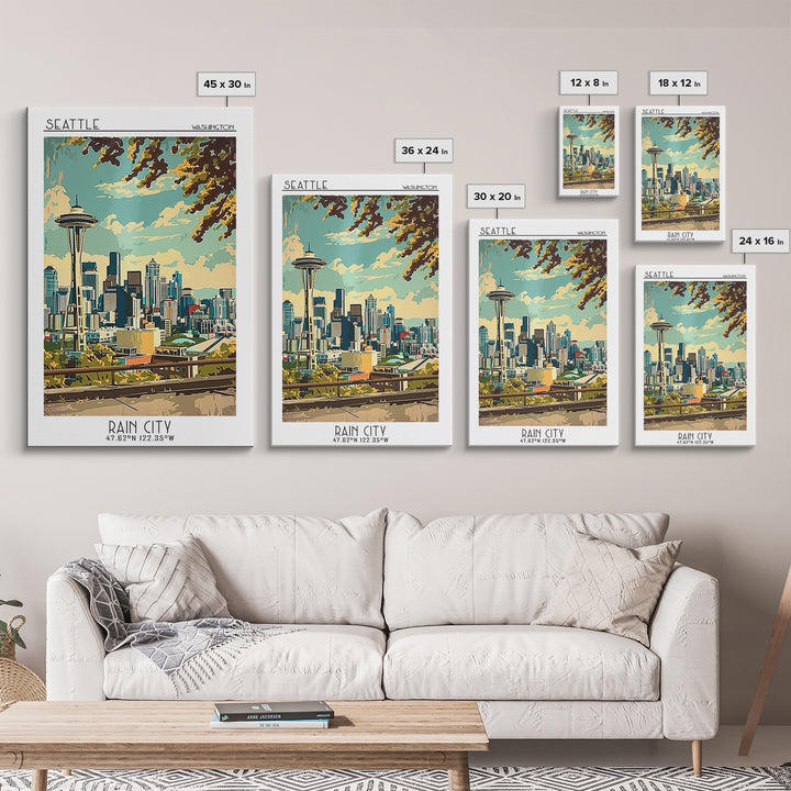 Seattle Washington Travel Poster, Canvas Print, City Travel Poster, Travel Wall Art, Retro Wall Art, Colorful Wall Art, Travel Decor