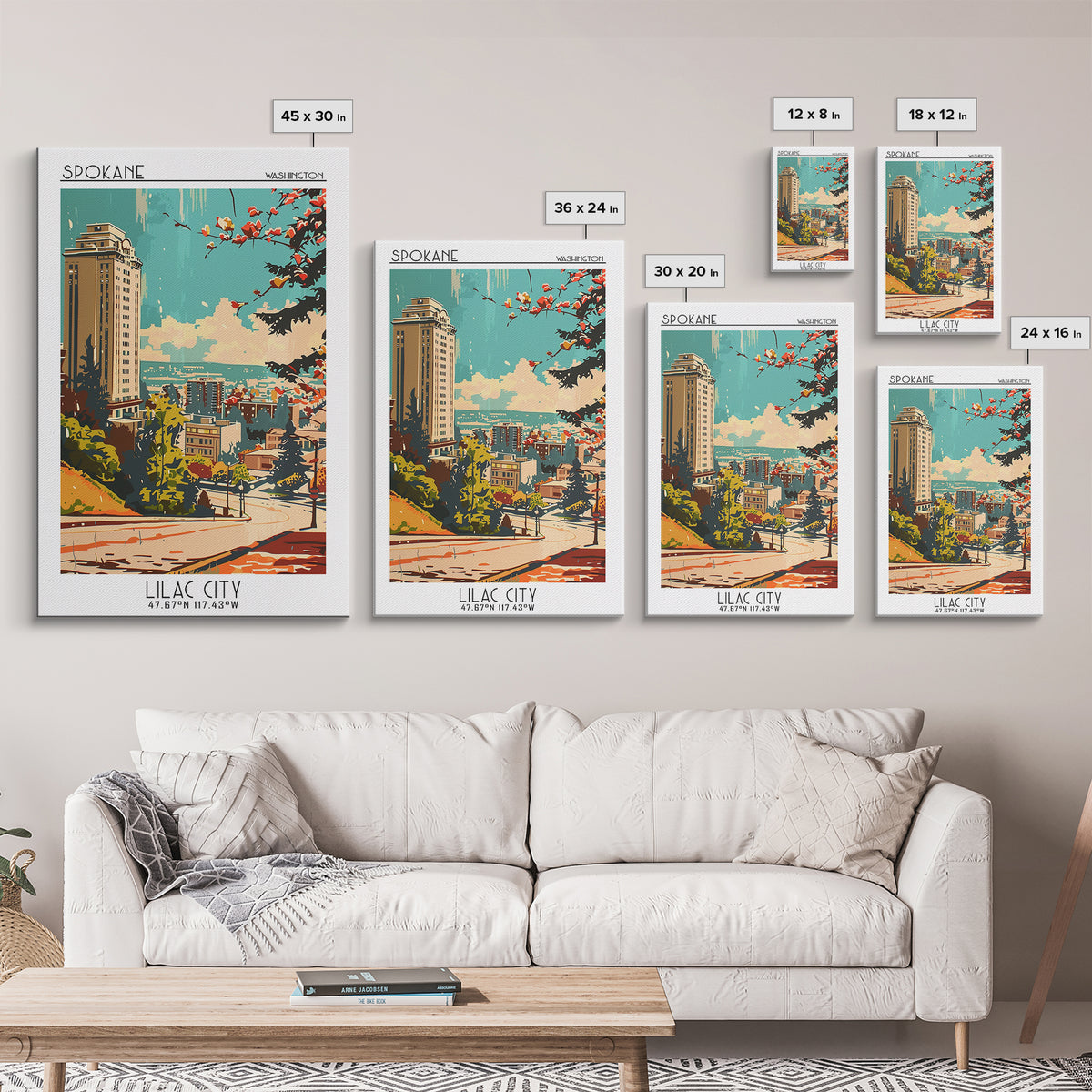 Spokane Washington Travel Poster, Framed Canvas Print, Travel Prints, Landscape Art, Travel Art Print, Wanderlust Gift, Travel Print