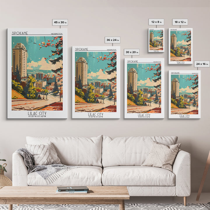 Spokane Washington Travel Poster, Framed Canvas Print, Travel Prints, Landscape Art, Travel Art Print, Wanderlust Gift, Travel Print