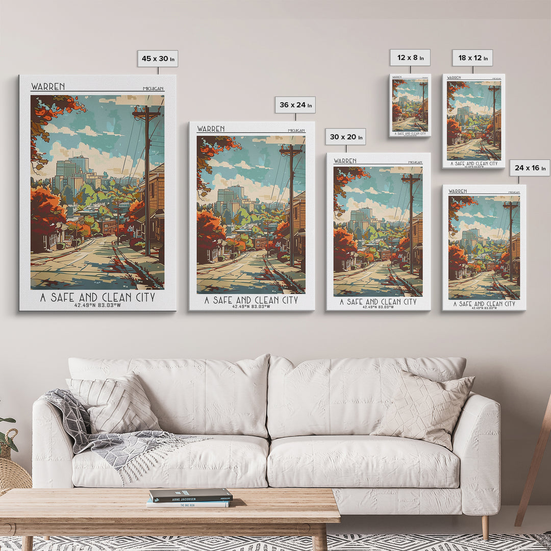 Warren Michigan Travel Poster, Framed Canvas Print, Vintage Travel Print, City Wall Art, Poster Print, Retro Travel Poster, Wall Art